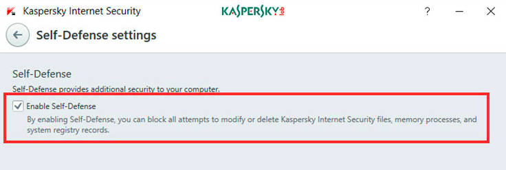 Turn on Self-Defense Option After Clearing Kaspersky Cache