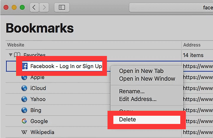 Удалить закладки на Mac в Safari