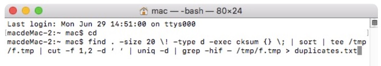 Encontre arquivos duplicados usando o comando Terminal