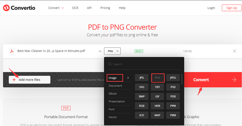 Konwertuj PDF na PNG za pomocą Convertio