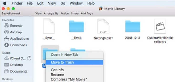 Очистите кэш iMovie, удалив файлы библиотеки