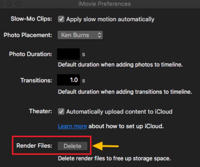 قم بإزالة ملفات iMovie Render