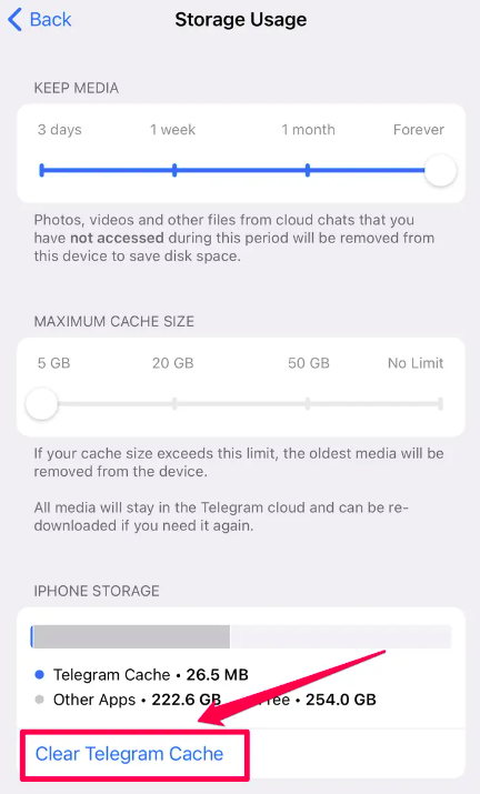 Clear Telegram Cache on iPhone