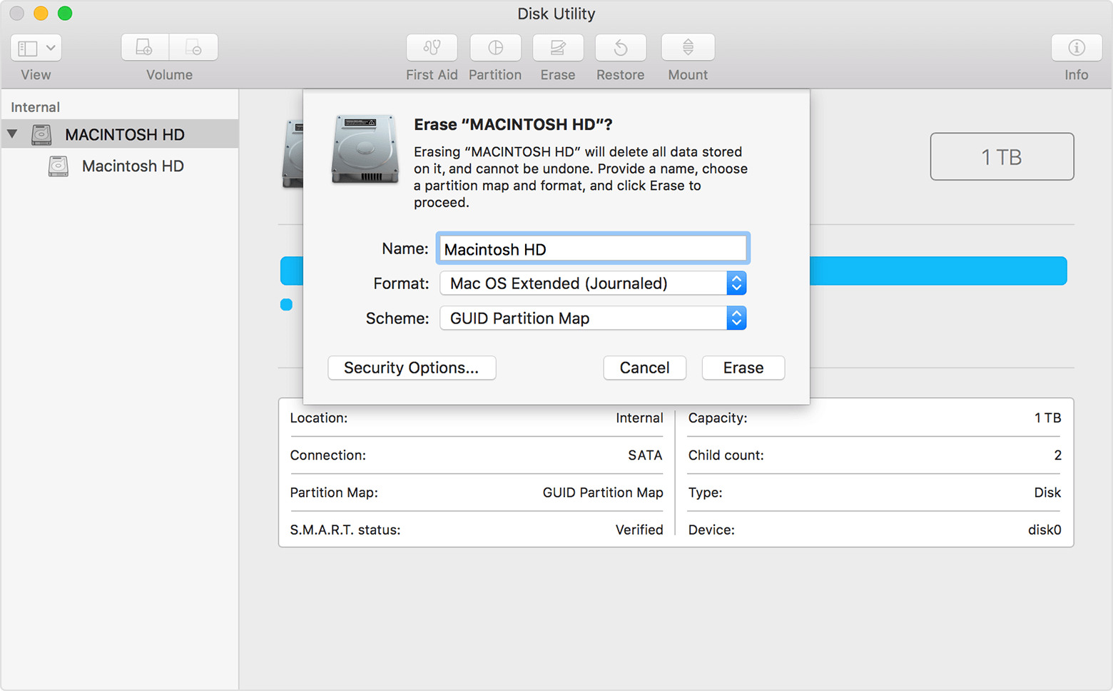 Macos High Sierra Disk Utility محو محرك الأقراص الداخلي