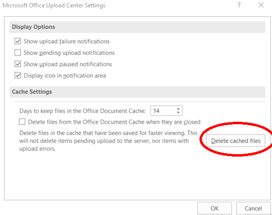 Change Microsoft Upload Center Settings to Clear Excel Cache
