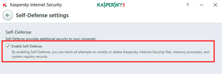 Włącz opcję Samoobrony po wyczyszczeniu pamięci podręcznej Kaspersky