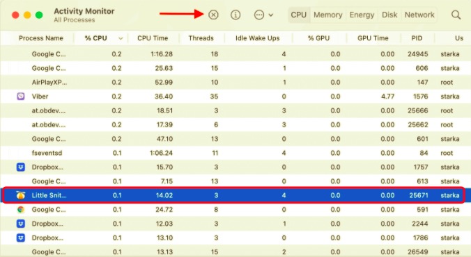 Saia do Little Snitch no Mac com o Activity Monitor