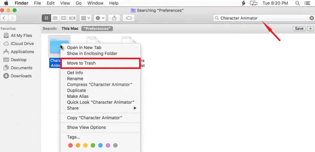 Удаление Adobe Character Animator вручную на Mac