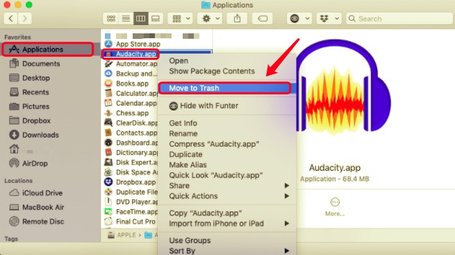 Mac의 응용 프로그램 폴더에서 Audacity 삭제