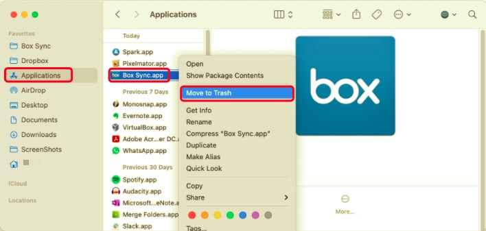 Uninstall Box Sync on Mac by Dragging It to the Trash