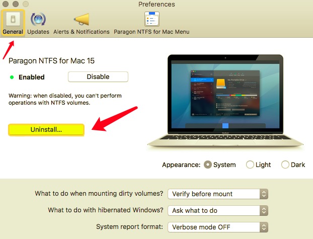Exclua o NTFS do Mac por meio das Preferências do Sistema