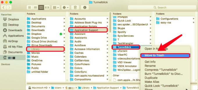 모든 지원 파일이 있는 Mac에서 Tunnelblick 제거