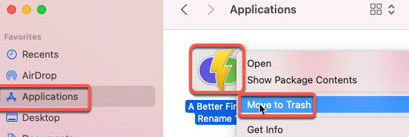 Przenieś do kosza, aby odinstalować A Better Finder Zmień nazwę