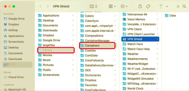 使用相关文件在 Mac 上手动卸载 VPN Shield