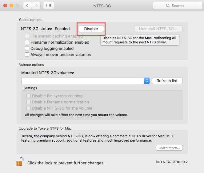 انقر فوق خيار تعطيل للخروج من NTFS-3G
