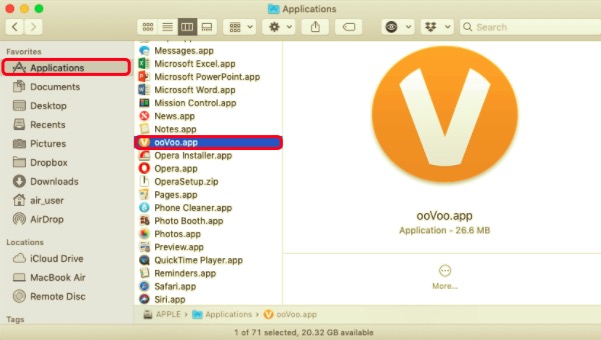 Удалите ooVoo на Mac из папки приложения