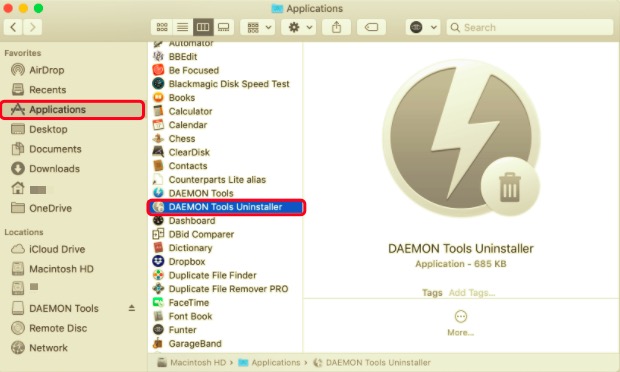 Удалите Daemon Tools на Mac с помощью его деинсталлятора
