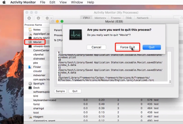 Force Quit to Uninstall Movist on Mac