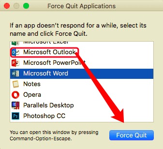 Forçar o encerramento do Outlook antes de desinstalá-lo no Mac