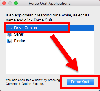 Принудительно завершите работу, чтобы удалить Drive Genius с Mac