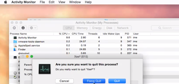 Force Quit Xee on Mac