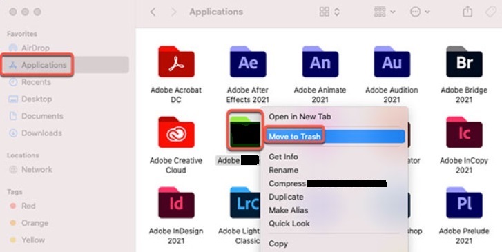 Переместить Adobe Aero в корзину и удалить его