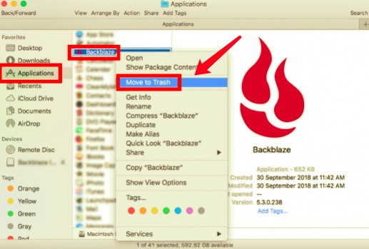 Удалите Backblaze на Mac через папку приложения