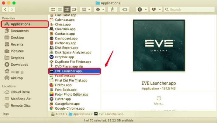 Applications 폴더를 통해 Mac에서 EVE Online 제거