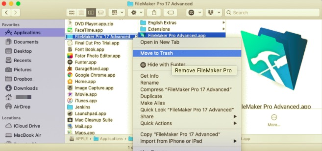 Переместить FileMaker Pro в корзину