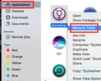 Uninstall Quicksilver via the Applications Folder