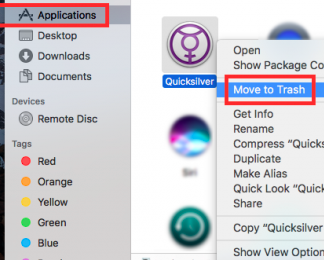 응용 프로그램 폴더를 통해 Quicksilver 제거