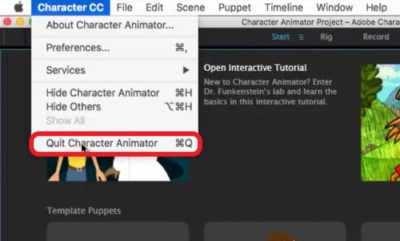 卸载应用程序之前退出 Character Animator