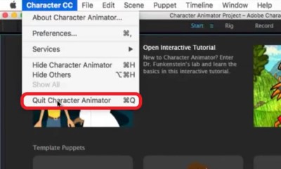 Выйдите из Character Animator перед удалением приложения