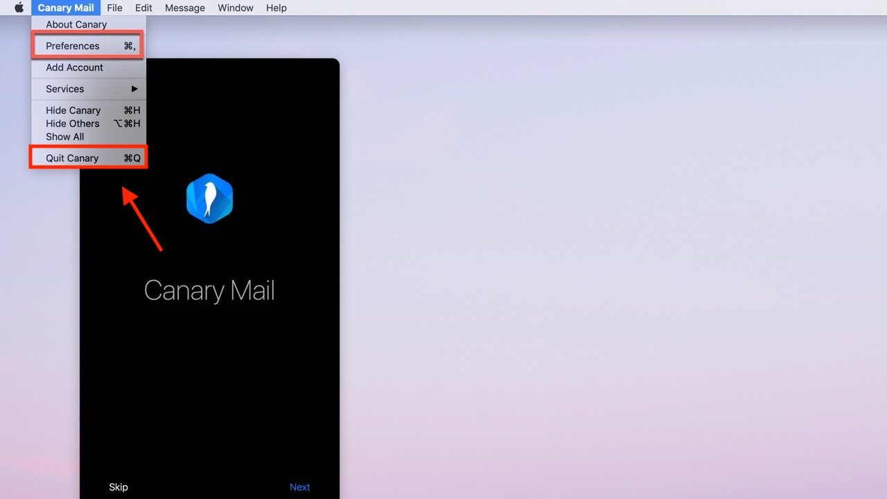 Selecteer Canary Mail en klik op Canary afsluiten