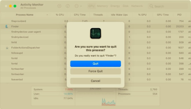 قم بإنهاء Finder على جهاز Mac باستخدام مراقب النشاط