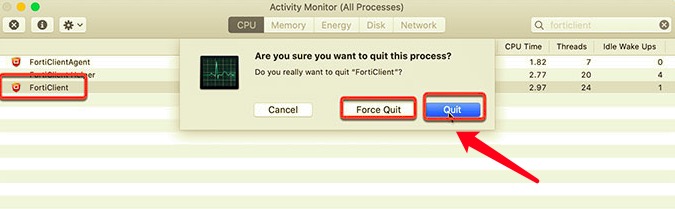 Закройте FortiClient на Mac