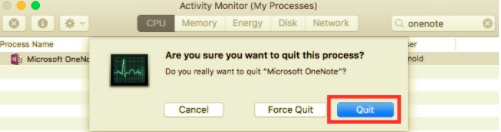 Quit OneNote via Activity Monitor before the Uninstallation