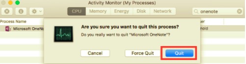 Saia do OneNote através do Activity Monitor antes da desinstalação