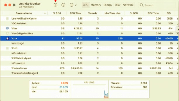 Закройте Vuze через Activity Monitor перед удалением на Mac