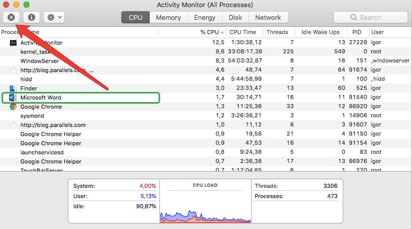 Saia do Word por meio do Activity Monitor antes de desinstalá-lo