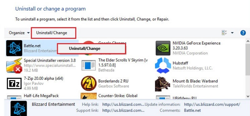 Действия по удалению игр Blizzard в Windows