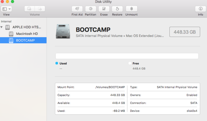 Uninstall Boot Camp on Mac via Disk Utility