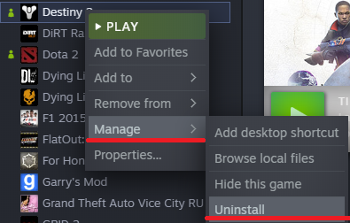 Uninstall Destiny 2 on Steam