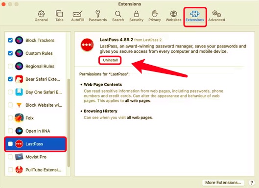 Remova a extensão do Safari do LastPass no Mac