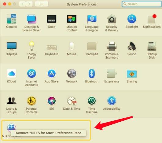 Verwijder het NTFS voor Mac-voorkeurenpaneel