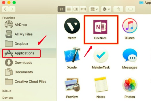 Удалите OneNote на Mac, переместив значок в корзину