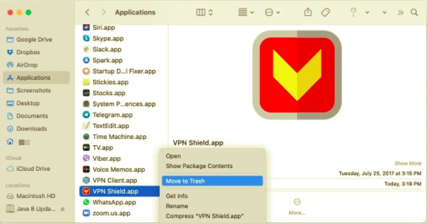 Удалите VPN Shield с Mac