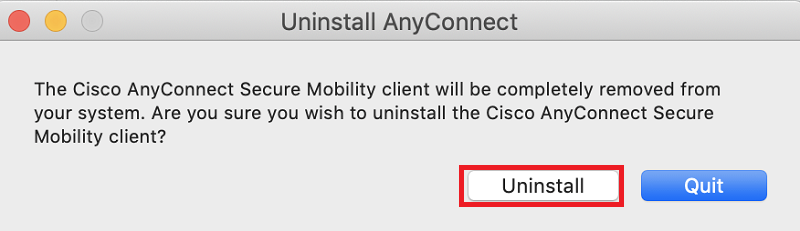 Remova o Cisco AnyConnect do Mac