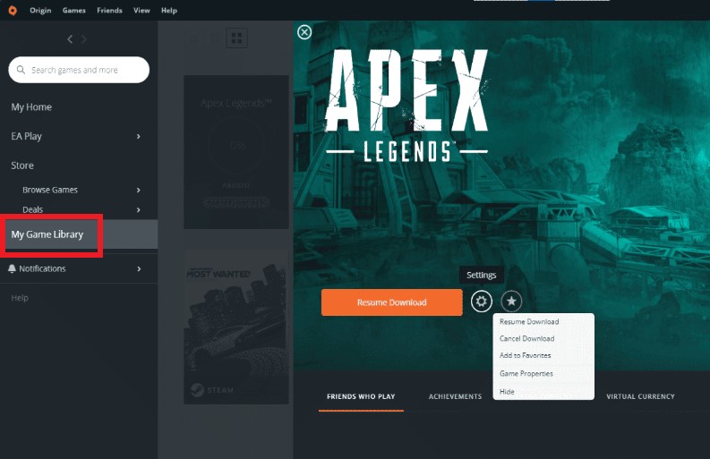 قم بإزالة Apex Legends من Origin