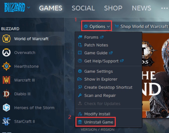 قم بإلغاء تثبيت Blizzard Games من تطبيقه